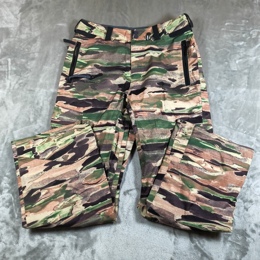 Volcom Snowboard Pants Mens Medium Green Camo Ergo Ski Waterproof Ankle Zip Vent